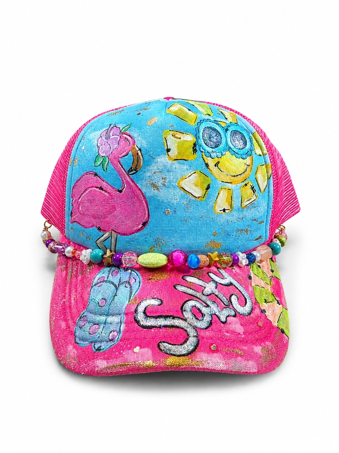 Trucker Hat Summer Hand-Painted With Hat Chain Hand-Crafted Vacation Beach